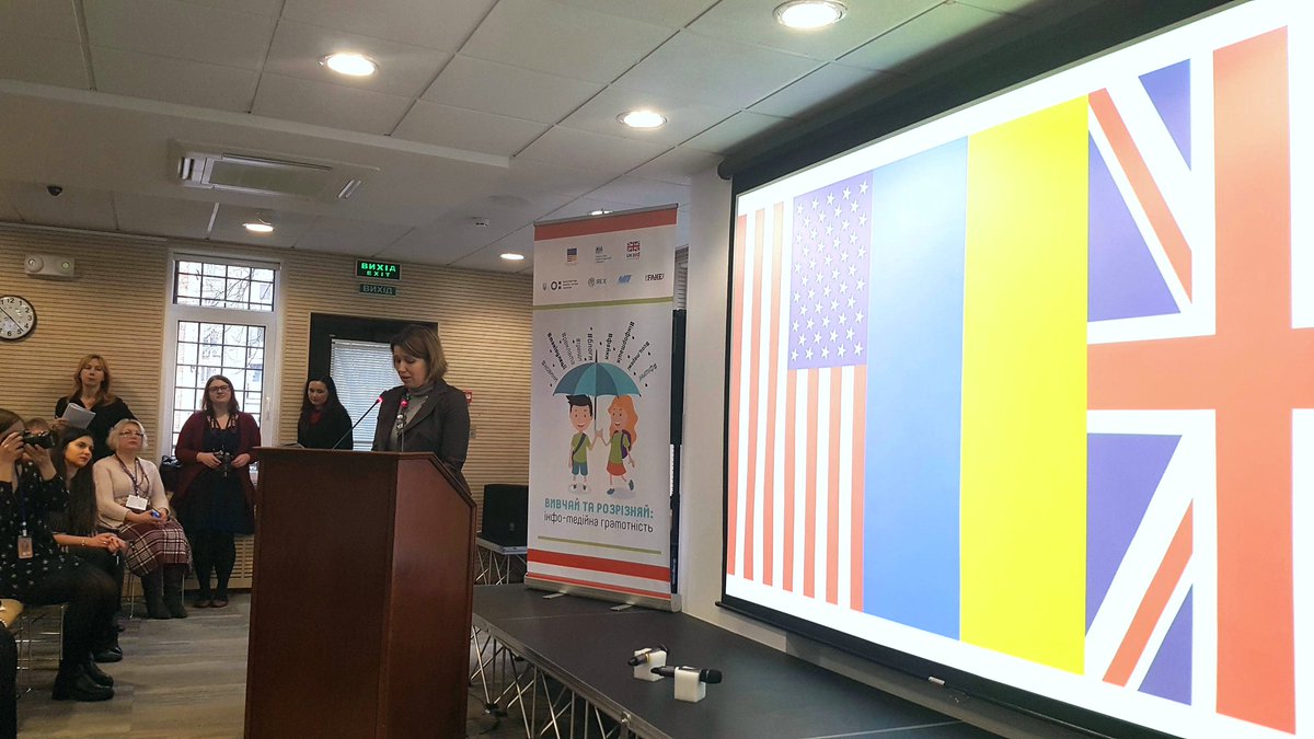 UKinUkraine's tweet photo. At launch event for pilot project #Learn2Discern, British Ambassador Judith Gough underscores the growing importance of developing #medialiteracy &amp; critical thinking skills - both in school curriculum &amp; as part of lifelong learning https://t.co/BgaIfBAwC3