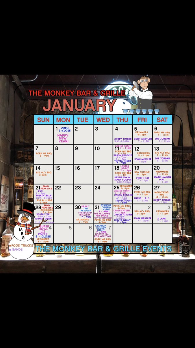 Big weekend plans happening this weekend at the Monkey Bar and Grille!!  Tonight- Big AL’s BBQ 4-11pm with John Mestler 7-11pm live! 
Saturday- Krimmers Pizza 2-11pm and 2 lane 7-11pm live! 
Sunday- Super Bowl party 6-close with Krimmers 4-11pm
Come on out and enjoy the fun! #MBG