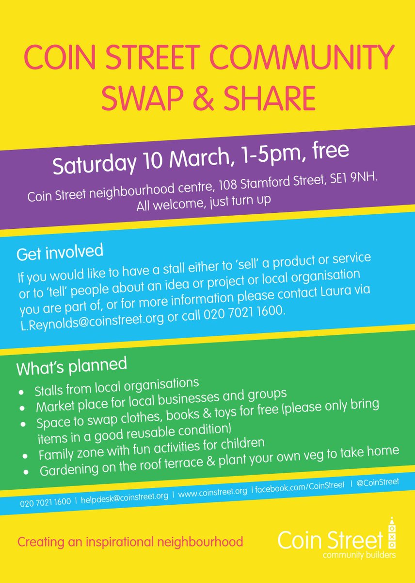 CoinStreet's tweet photo. Join us for another fun-filled Community Day, 10 March at the neighbourhood centre. #Stalls #LocalOrgs #MarketPlace #Swaparama #EnterpriseAdvice #FamilyFun #Gardening
If you'd like a stall pls get in touch #GetInvolved #SE1 #SouthBank #Lambeth #Southwark https://t.co/t0G2BaHMLC https://t.co/hKwEtvbFWp