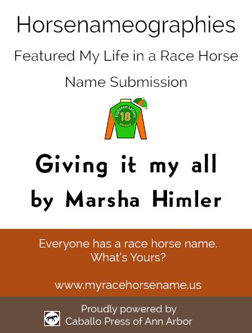 caballo_press's tweet photo. Good morning, all! Hope all is well. Announcing this week's featured My Life in Race Horse Name Submission. Congratulations to Marsha Himler!
Whenever you get a chance, think about your life and then submit your life story in a racehorse name! Congrats, Marsha! https://t.co/sMjm8XJDzo