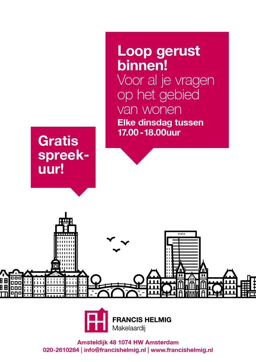 Francishelmig's tweet photo. Iedere dinsdag tussen 17.00-18.00 uur gratis spreekuur bij ons op kantoor! U kunt dan vrijblijvend bij ons terecht voor al uw vragen omtrent aankoop en verkoop. Tot dinsdag! https://t.co/d1xu8x7nAI