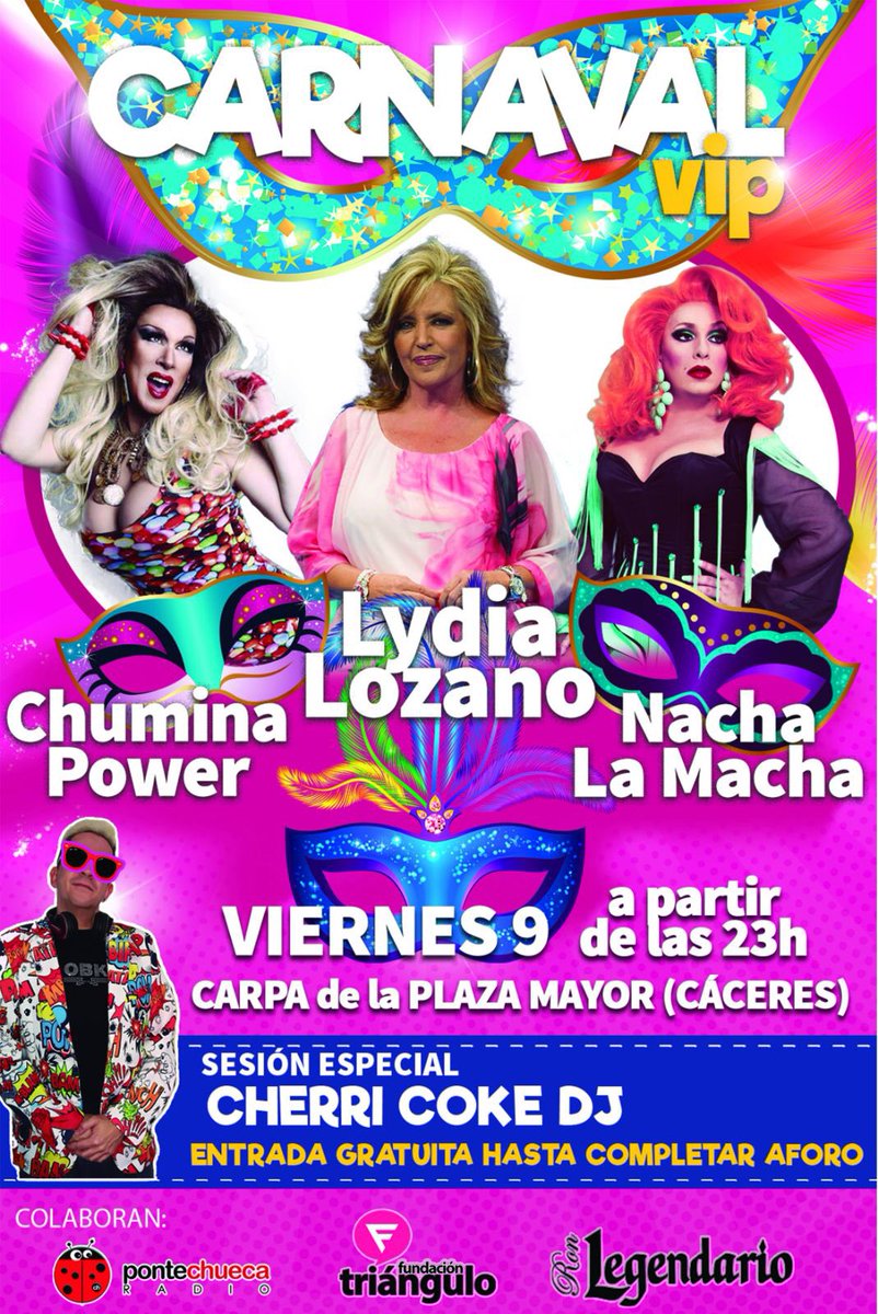 El Viernes 9 de Febrero vuelvo al #Carnaval de #Cáceres pero este año no voy sola. 
Me acompañan mi amiga y compañera <a href="/chumina_power/">Chumina Power</a> y la colaboradora mas carismática de <a href="/salvameoficial/">Sálvame Oficial</a> , la gran <a href="/LydiaLozanoOf/">Lydia Lozano Oficial 👠</a>  #hayamoresquematan #comolanachanohayná #nachalamacha #chuminero
