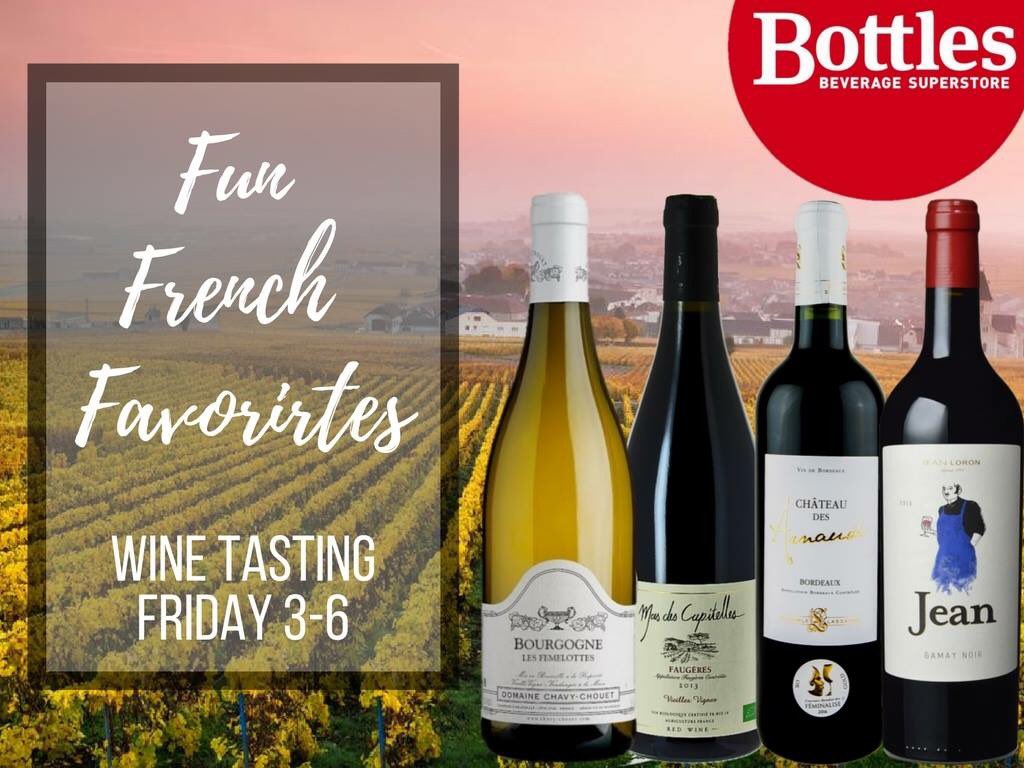 Le vin gratuit est le meilleur vin!  Fun French Favorites wine tasting today at #BottlesMtP from 3-6 featuring: Chavy-Chouet Bourgogne Blanc, Mas des Capitelles Faugeres, Ch des Arnauds Bordeaux Rouge, and Jean Loron Gamay Noir.

#winetasting #frenchwine #france #winelovers