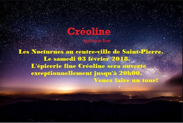 Creolineboutik's tweet photo. Les nocturnes au centre-ville de Saint-Pierre: le samedi 3 février 2018. L'épicerie fine Créoline sera ouverte exceptionnellement jusqu'à 20h00. "Vyin bat' in karé !"
#Créoline #LaReunion #SaintPierre #Reunionnais #Team974 #reunion #cuisine #nocturne #soirée #détente #baladesympa https://t.co/ijo8CGkFwx