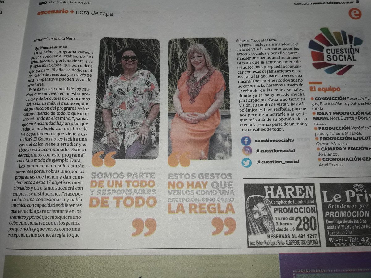 EmilioACaram's tweet photo. Felicidades @noraduartemza y Dora Marasco por nuevo programa "Cuestión Social" @cuestion_social por @canal7mza mañana sábado 20 hs. Tod@s con uds. Muy importante difundir la tarea cotidiana y solidaria de tantas instituciones sociales de Mendoza. Gracias! https://t.co/GE5OaLqGcc
