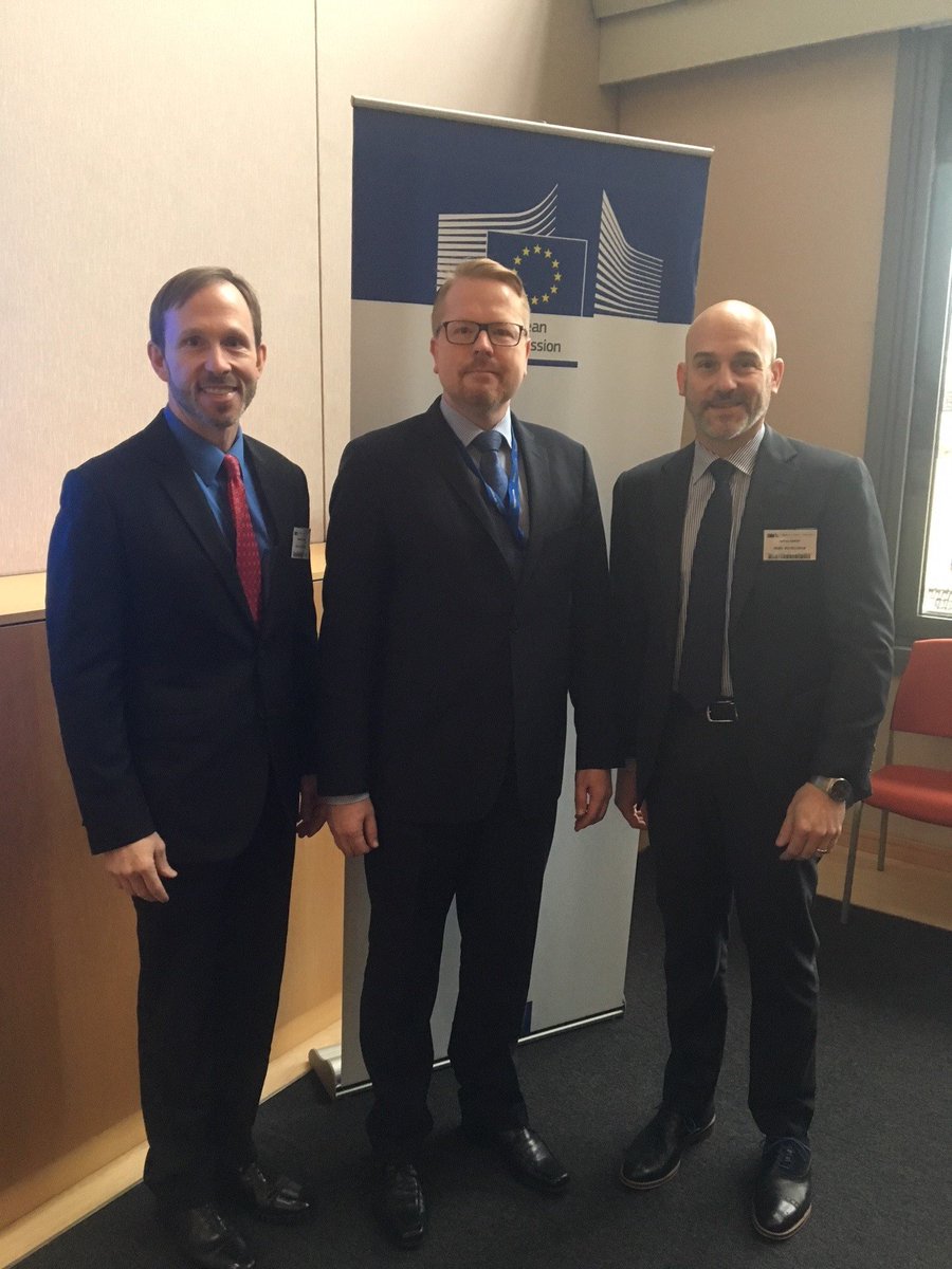 Group Photo: Gib Wilson (FBI), Ilkka Salmi (Director of Security, DG for HR and Security, European Commission), and Jeff DaRin (HSI) at the European Commission.