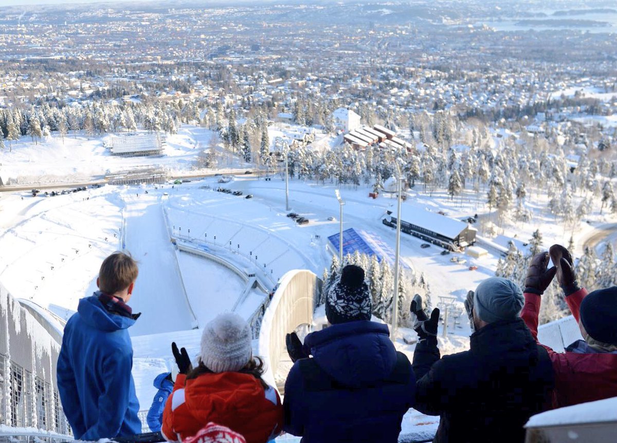Their Royal Highnesses join some of Norway's top ski jumpers at the top of the Holmenkollen Ski Jump ⛷ #RoyalVisitNorway