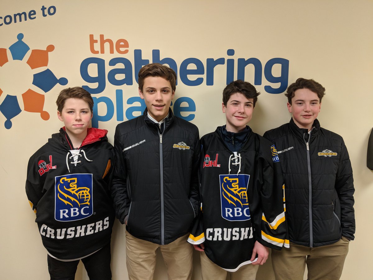 RBC_Crushers's tweet photo. The @RBC_Crushers are hoping for some good karma leading into playoffs, after their recent donation to the @GatheringNL.  A huge thank-you to all the family and friends of #CrusherNation that made this donation possible. Couldn't have gone to a more worthy organization! #DJHL https://t.co/REZwFYWAOZ