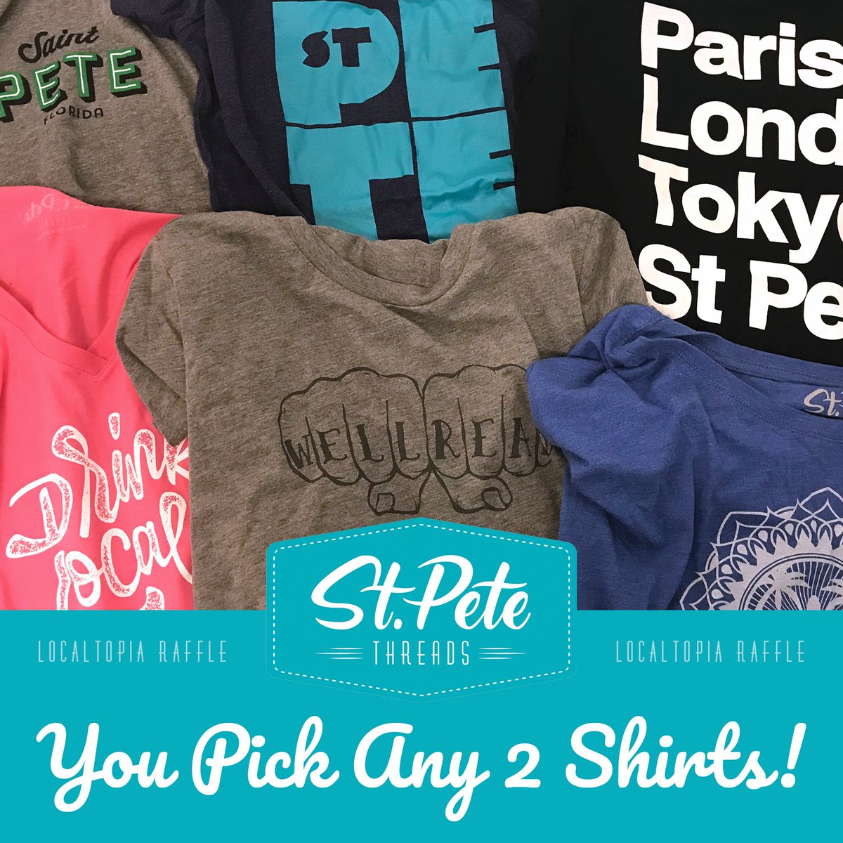 stpetethreads's tweet photo. OMG #Localtopia is tomorrow! 🎟️  Be sure to get your tickets for the #localtopiaraffle... You can win 2 shirts from our collection - YES! Any 2 👕 👚 https://t.co/G8kL64Q6l5