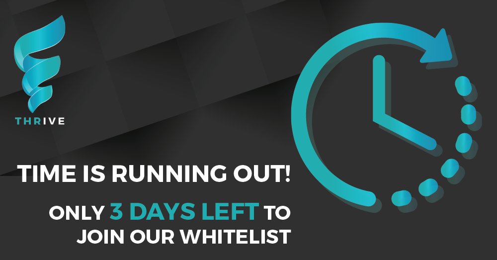ico_thrivelabs's tweet photo. Time is running out ! Three days left to Whitelist closure ! Register at https://t.co/Xi8SxE59un and complete KYC procedure.

#ICO #TokenSale #KYC #Blockchain #Advertising #Marketplace #Cryptocurrency #Ethereum #ToTheMoon https://t.co/qDXd7KQFVm