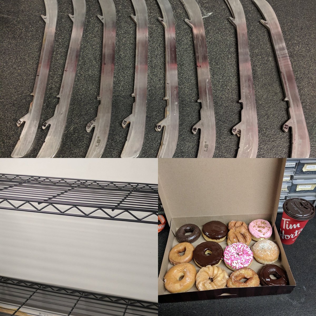 Maineritz's tweet photo. An influx of skates to sharpen and donuts to eat, plus a lack of towels on the rack must mean game day for both @MaineIceHockey and @BlackBearsWIH. #teamnosleep #equipmentmanagerproblems https://t.co/NqNSKi2FEu