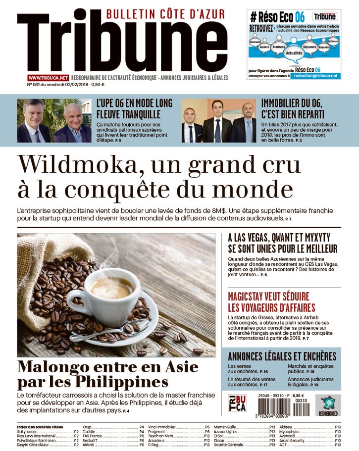 ☑️Et voici la Une du Tribuca de la semaine, le n°931. On y retrouve <a href="/CafesMalongo/">Malongo</a> , <a href="/wildmoka/">Wildmoka</a> , l'<a href="/UPE_06/">UPE_06</a> , <a href="/Qwant_FR/">Qwant</a> , <a href="/Myxyty/">MYXYTY</a> ou encore <a href="/MagicStay_com/">MagicStay</a>. #VendrediLecture #Nice06 #SophiaAntipolis
Excellente lecture !  
Pour vous abonner ---> tribuca.net/abonnement
