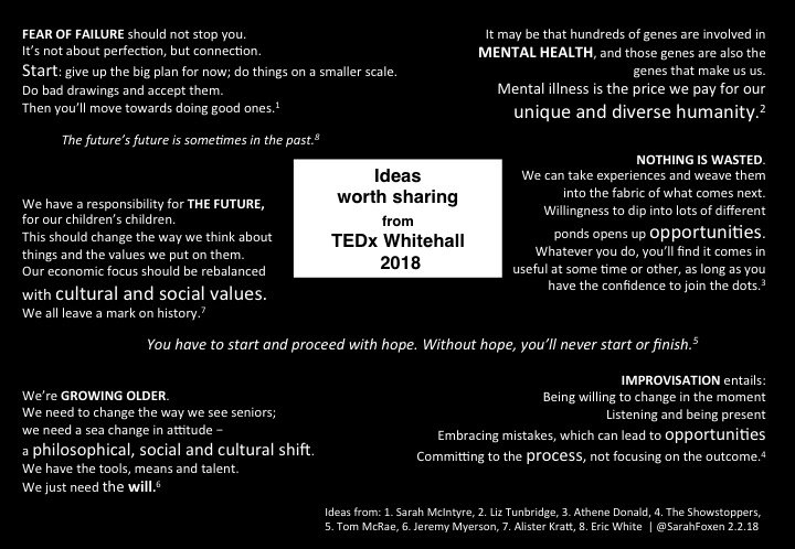 SarahFoxen's tweet photo. Here are my favourite ideas from this year's @TEDxWhitehall. 
Super inspiring stuff around: experiences, values and priorities, failure, improvisation, mental health, growing older and the future.
PDF here: https://t.co/5qQaMrw5ZW #TEDTalks https://t.co/qaIkd0YLDC