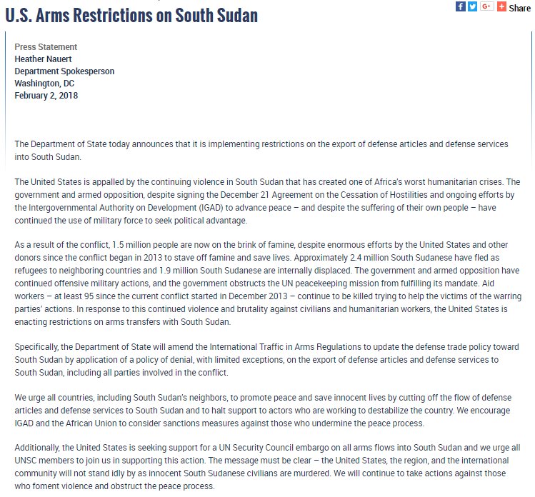A statement by Department Spokesperson Heather Nauert on U.S. Arms Restrictions on South Sudan.