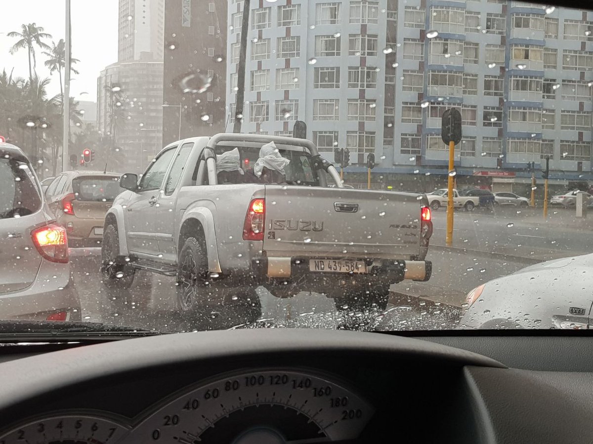 FemalePrezident's tweet photo. Lovely white guy (driver), 2 black African males at the back, pouring rain in Durban and an empty passenger seat. Welcome to South Africa. https://t.co/WgpQbCcpa5