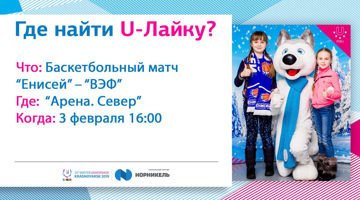 pro_siberia's tweet photo. Отправляемся болеть за баскетбольный "Енисей"🏀Завтра красноярцы встретятся с рижским "ВЭФ"👏Напоминаем, что #ЮЛайка тоже придёт на "Арену.Север" - заходите за яркими кадрами на нашу фотоплощадку📷/Tomorrow #ULaika will go to @bc_enisey game!🏀
#universiade2019 #Krsk2019 #WU2019 https://t.co/x6nVB6KEpC