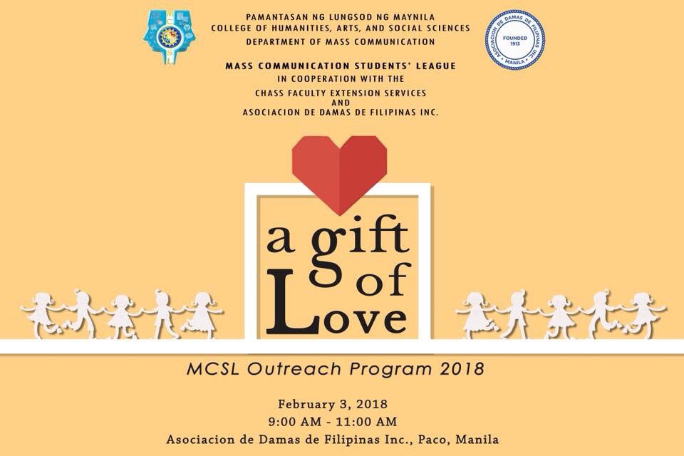 plmmcslofficial's tweet photo. MCSL: A Gift of Love is an outreach program that aims to reach out to the orphaned children residing in Asociacion de Damas Filipinas. 

On Feb 3, we are giving love &amp; spreading happiness through the help of your generosity.

Thank you, Kamaskom! ❤️

#MCSL2018 https://t.co/oEhV6IrQXv