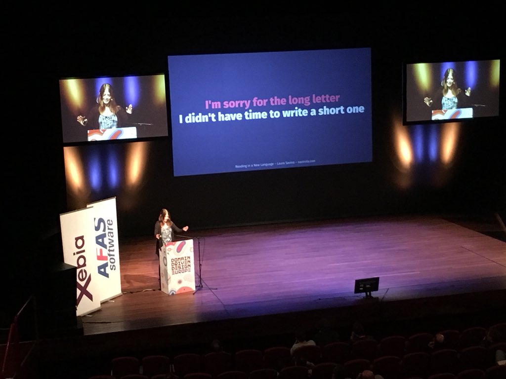 “Writing simple, clear code is difficult and takes time... strongly prefer readable code... decipher less, create more!” - <a href="/savinola/">Laura Savino</a> #dddeu