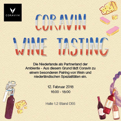 CoravinDE's tweet photo. Eine kurze Erinnerung für unsere Freunde auf der @Ambiente: heute um 16 Uhr findet an unserem Stand in Halle 1.2, Stand D55 unser Coravin Wein Tasting mit niederländischen Weinen und Spezialitäten statt. Kommt vorbei, wir freuen uns auf euch! https://t.co/KKvSIOEnrn
