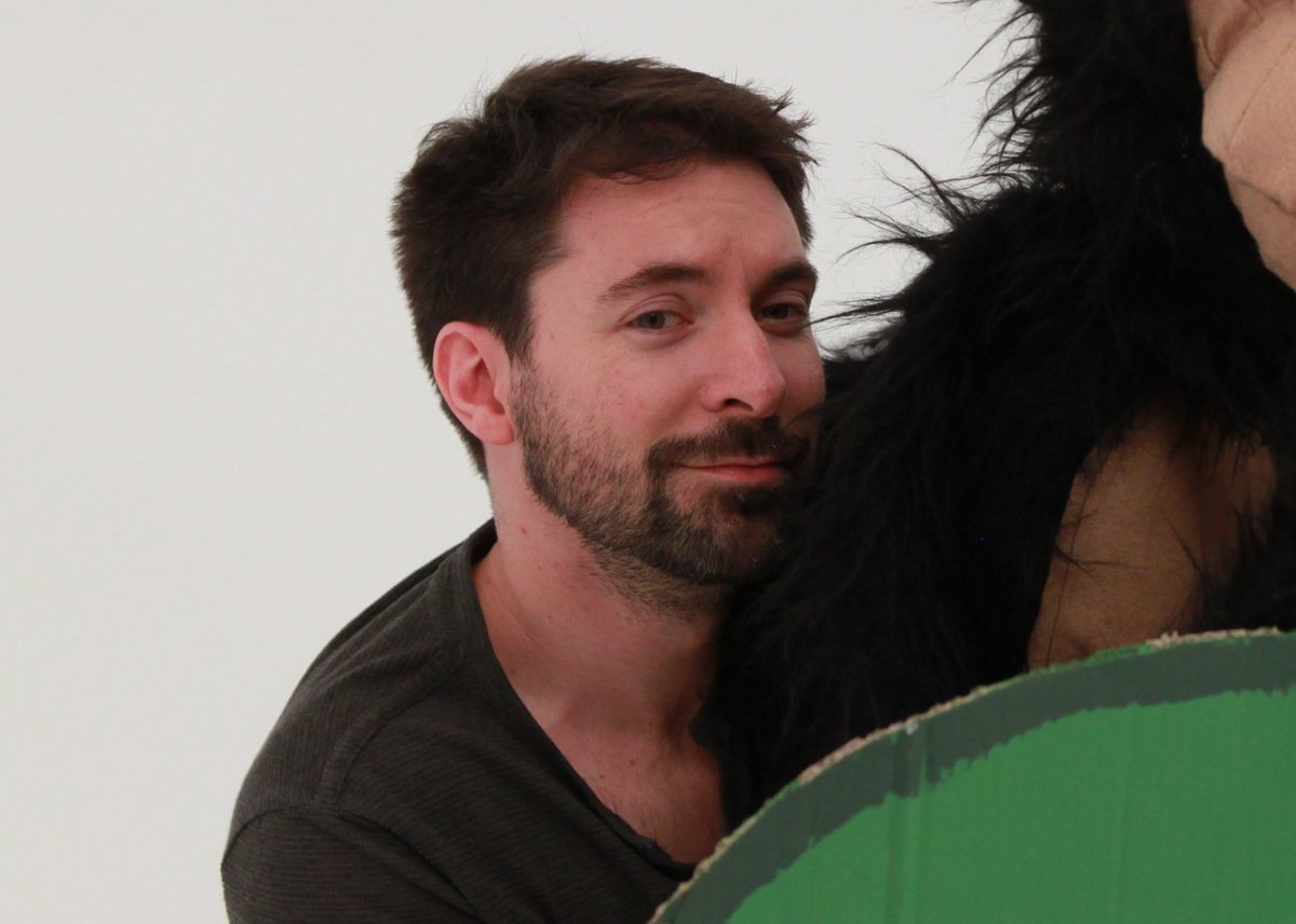 AdamMeetEve's tweet photo. Here's lead puppeteer Carl Morris (@Skumpy) with a furry friend on the Adam Meet Eve shoot. I've been making films with Carl for about 20 years, so it was nice to have him involved on my first project with a professional cast and crew. #shortfilm #puppetry #puppets #ukfilm https://t.co/ZlQAzXD7mR
