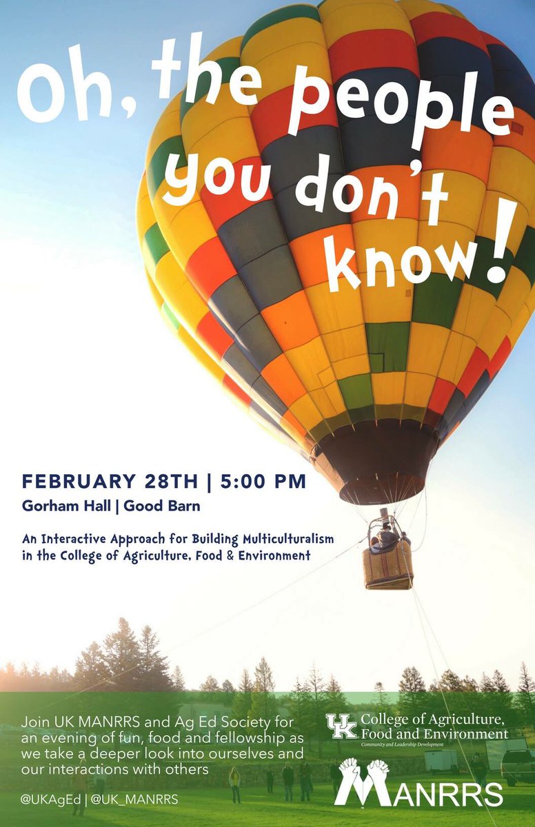 UKAgEd's tweet photo. Join @UKMANRRS &amp; Ag Ed Society for an evening of fun, food and fellowship as we take a deeper look into ourselves and our interactions with others. 🎈
February 28th | 5:00 PM
Gorham Hall | Good Barn https://t.co/6tP78VJ76K
