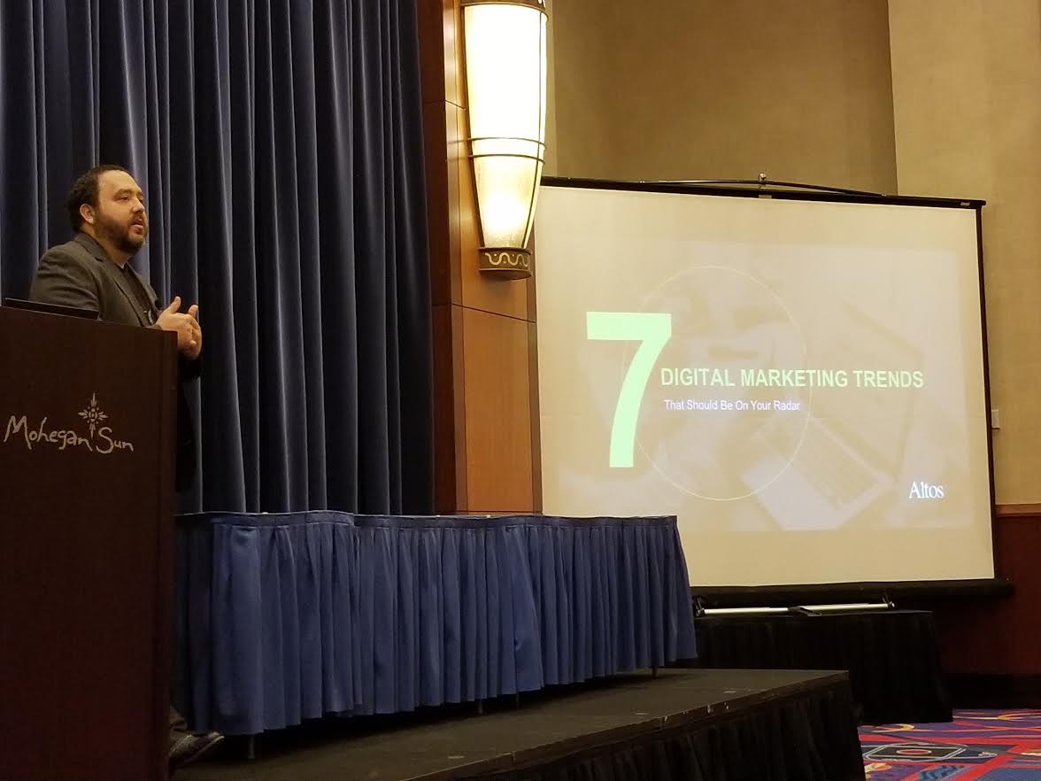 altos's tweet photo. A marketing pro at work. Our Production Manager Joe bringing that marketing knowledge to precast pros at #NEPCA Winter Conference 2018!!! #altos #7digitalmarketingtips #represent https://t.co/oVMCHkqP7T