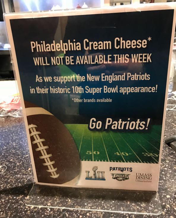 OnlyInBOS's tweet photo. This week, UMass Dining is not offering Philadelphia cream cheese now through Super Bowl Sunday. https://t.co/hGLIRIdWlU