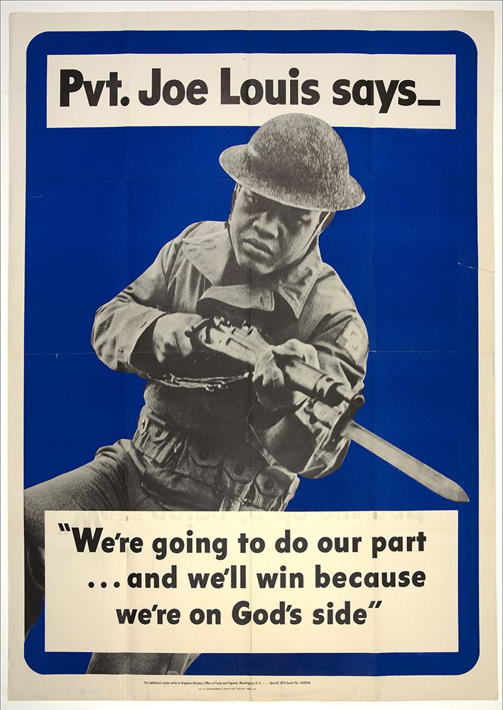 FDRLibrary's tweet photo. #ArchivesBlackHistory African Americans fought a war on two fronts, consciously struggling to achieve victory over racism at home while fighting fascism abroad. See these #WWII posters and many more in our upcoming exhibit #TheArtofWar American Poster Art 1941-1945 opening 4/21 https://t.co/6VqcbhDEI8