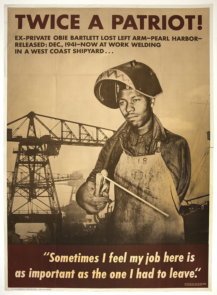 FDRLibrary's tweet photo. #ArchivesBlackHistory African Americans fought a war on two fronts, consciously struggling to achieve victory over racism at home while fighting fascism abroad. See these #WWII posters and many more in our upcoming exhibit #TheArtofWar American Poster Art 1941-1945 opening 4/21 https://t.co/6VqcbhDEI8