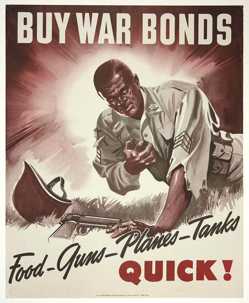 FDRLibrary's tweet photo. #ArchivesBlackHistory African Americans fought a war on two fronts, consciously struggling to achieve victory over racism at home while fighting fascism abroad. See these #WWII posters and many more in our upcoming exhibit #TheArtofWar American Poster Art 1941-1945 opening 4/21 https://t.co/6VqcbhDEI8