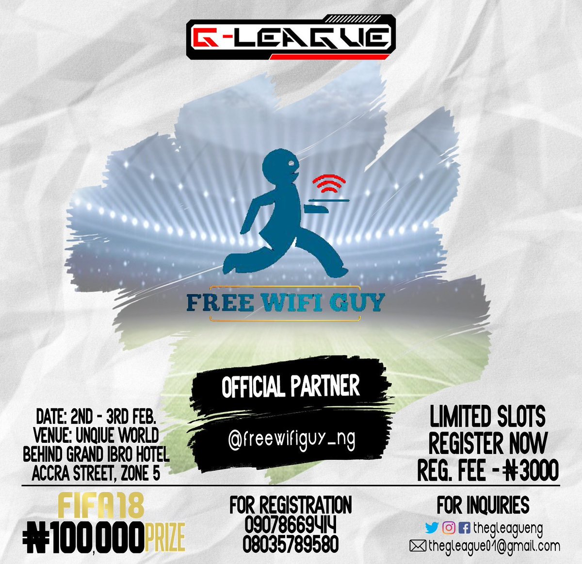 thegleagueng's tweet photo. Free WiFi at the event ๐
Official partner @freewifiguy_ng
#sunsetdriveng #thegleague #abuja #fifa18 #gamingredefined https://t.co/lfwIyYeORM