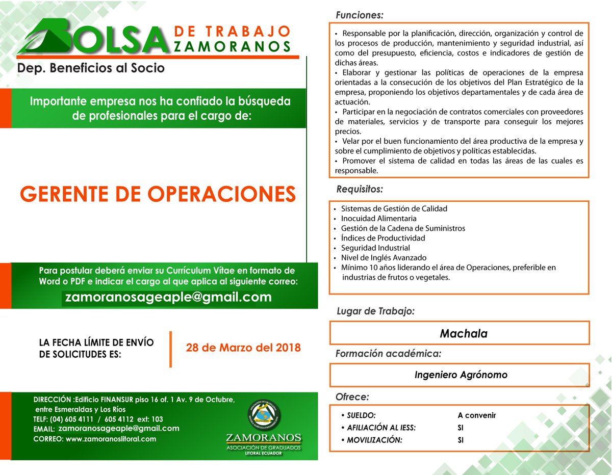 BOLSA DE TRABAJO ZAMORANO
Se requiere contratar:
Director técnico de hacienda bananera.
Gerente de operaciones.
Enviar hojas de vida a: zamoranosageaple@gmail.com