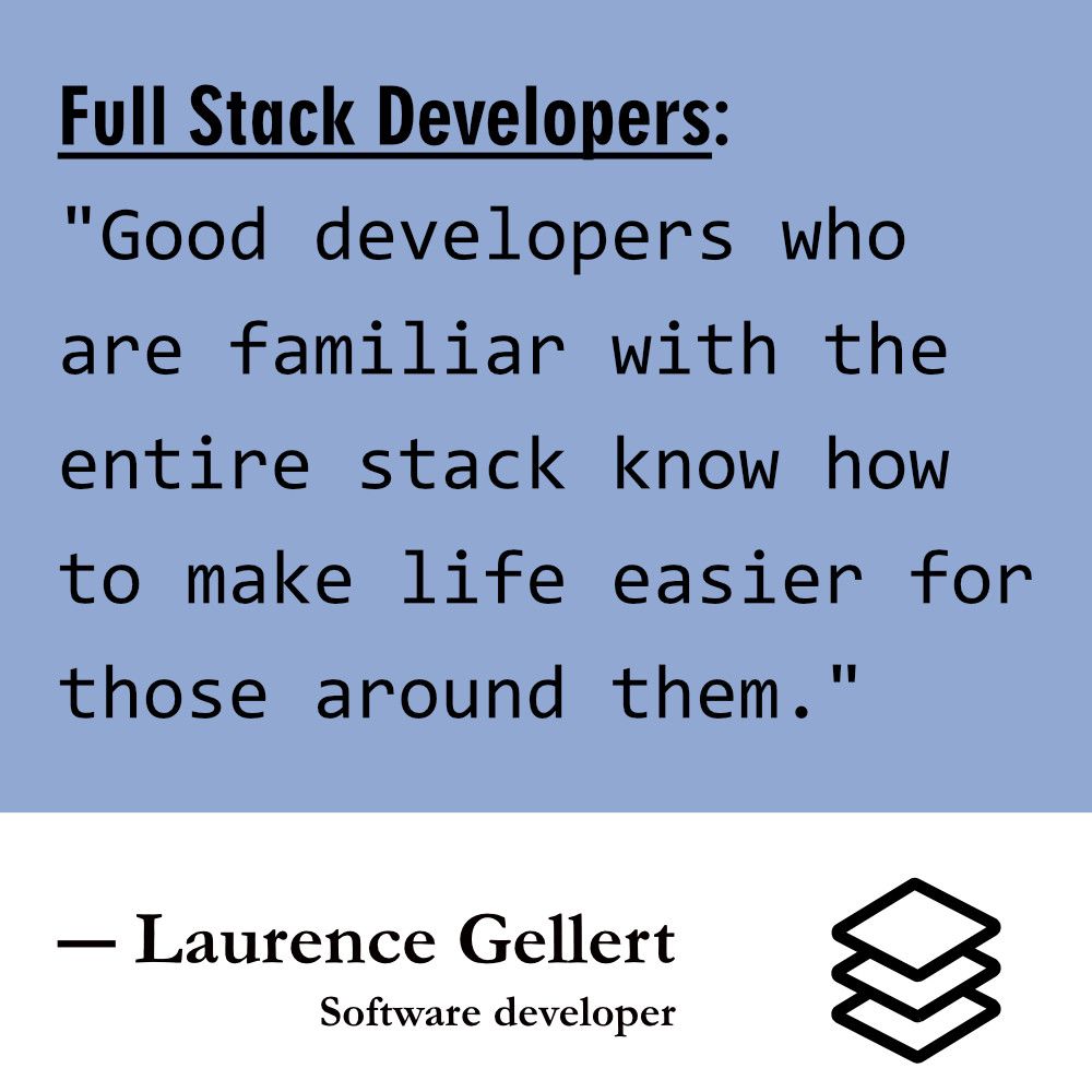 leonardicar's tweet image. &quot;Good developers who are familiar with the entire stack know how to make life easier for those around them.&quot;

#CNC2018 #CodeMore #pantone #serenity 2016 #ux #ui #developer #webdeveloper #udemy #fullstack #freecodecamp #goals2018 #sketch #affinity #javascript #nodejs #vuejs
