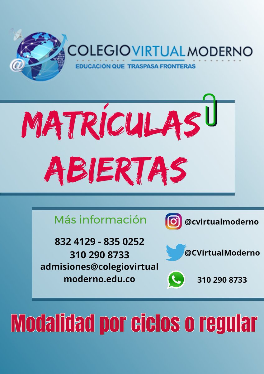 CVirtualModerno's tweet photo. No lo pienses más, anímate y haz parte de nosotros. ¡Matricúlate ya!  🎓💻

Te ofrecemos educación flexible y de calidad, sin desplazamientos ni costos. 💻⌨️🖱️🖥️ https://t.co/DoRpF53hFB