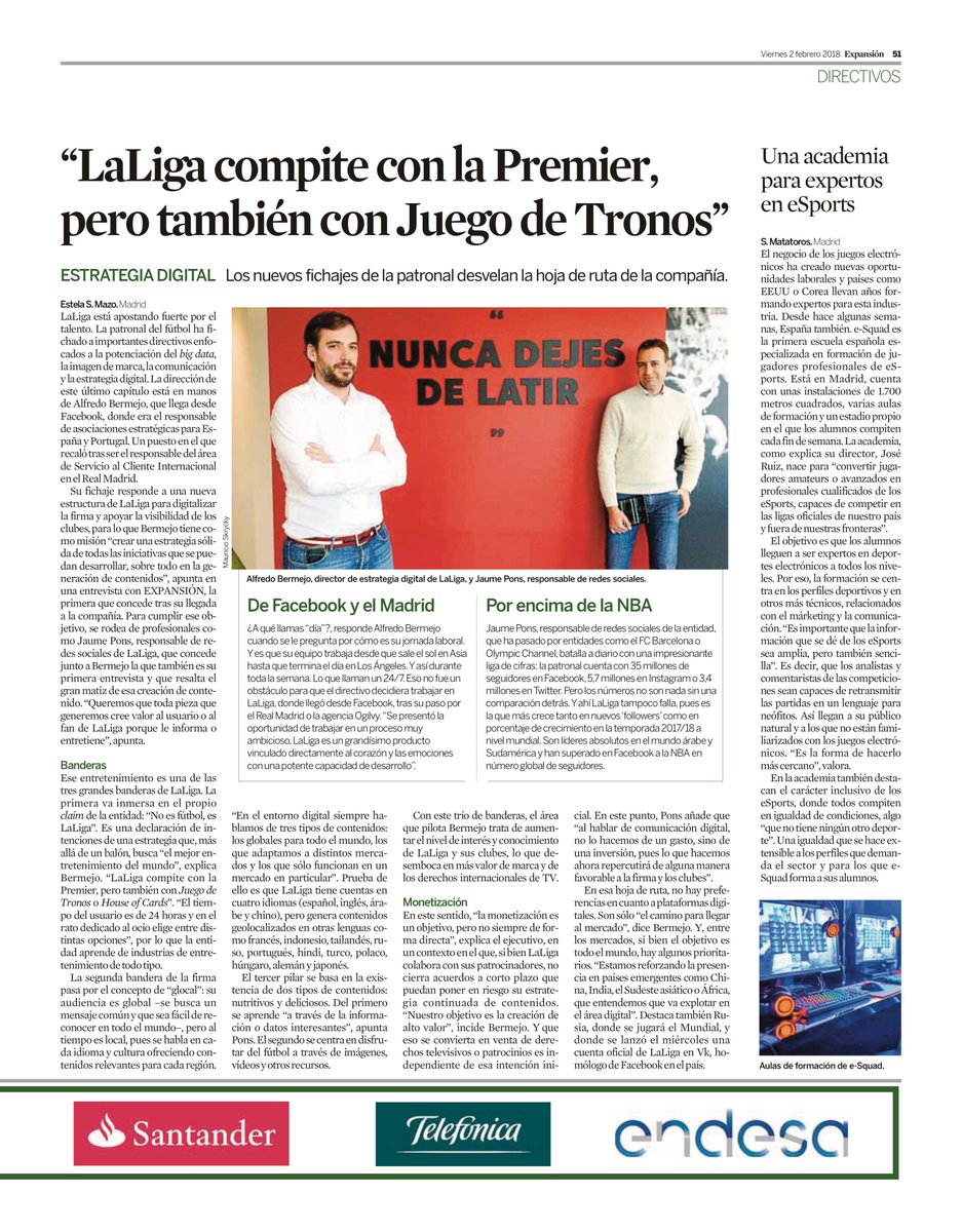“LaLiga compite con la Premier, pero también con Juego de Tronos o House of Cards”. Hoy en el diario <a href="/expansioncom/">expansioncom</a> la Estrategia Digital y en Social Media de <a href="/LaLiga/">LALIGA</a> que le ha llevado a superar a la NBA en número global de seguidores en Facebook.