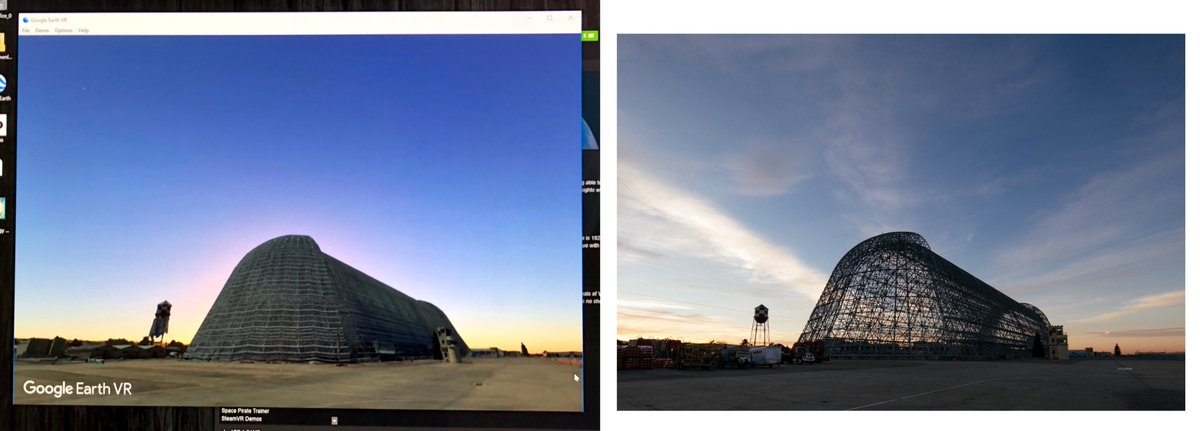 claybavor's tweet photo. On Wednesday, I used Google Earth VR to see what sunset would look like at Moffett Field's Hangar One. On Thursday, I went and photographed it. https://t.co/tRGqsqtPKw