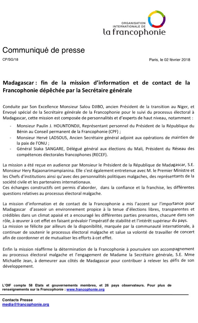 Communiqué de Presse @OIFfrancophonie #Madagascar : fin de la mission d’information et de contact de la Francophonie dépêchée par la Secrétaire générale