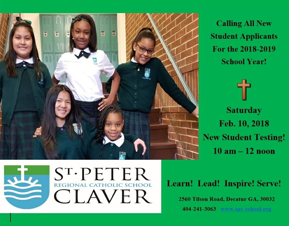 SPCSchoolATL's tweet photo. New Applicant Testing for SPC! 

If you are interested in enrolling your child in our school, we are offering testing-Pre-K through 8 Saturday, Feb. 10th, 10 am - 12 noon. Check out - A Dozen Reasons to Choose Catholic Education and come see the joy and wonder of learning at SPC! https://t.co/GgI7EYqy7e