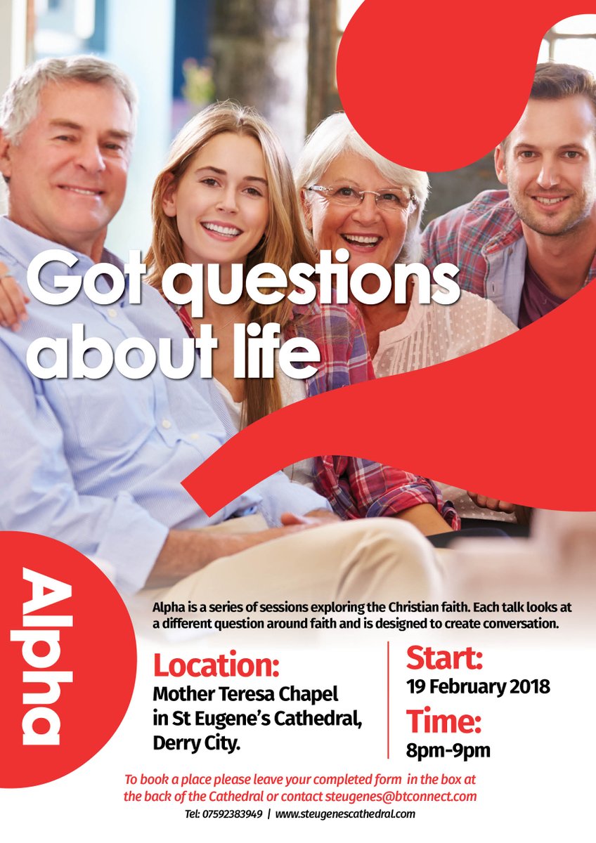 steugenesderry's tweet photo. Got questions about life? This is a fantastic programme which will be running in the Cathedral during Lent. Please sign up at the back of the Cathedral. @WMOF2018Derry @DioceseOfDerry @derrydiocese #Alphaireland https://t.co/jQ7Bwj3OOd