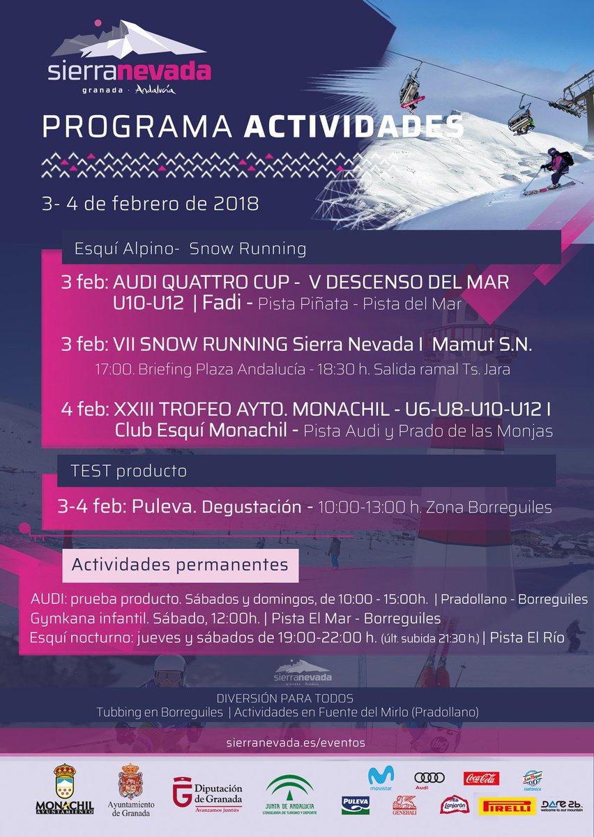 Por delante un fin de semana intenso en #SierraNevada con nieve recién caída y competiciones para todos los gustos. <a href="/AudiquattroCup/">Audi quattro Cup</a>, <a href="/MamutSierraN/">Mamut Sierra Nevada</a>, <a href="/clubmonachil/">Club Esqui Monachil Sierra Nevada</a> 
Previsión de apertura: sierranevada.es/partedenieve