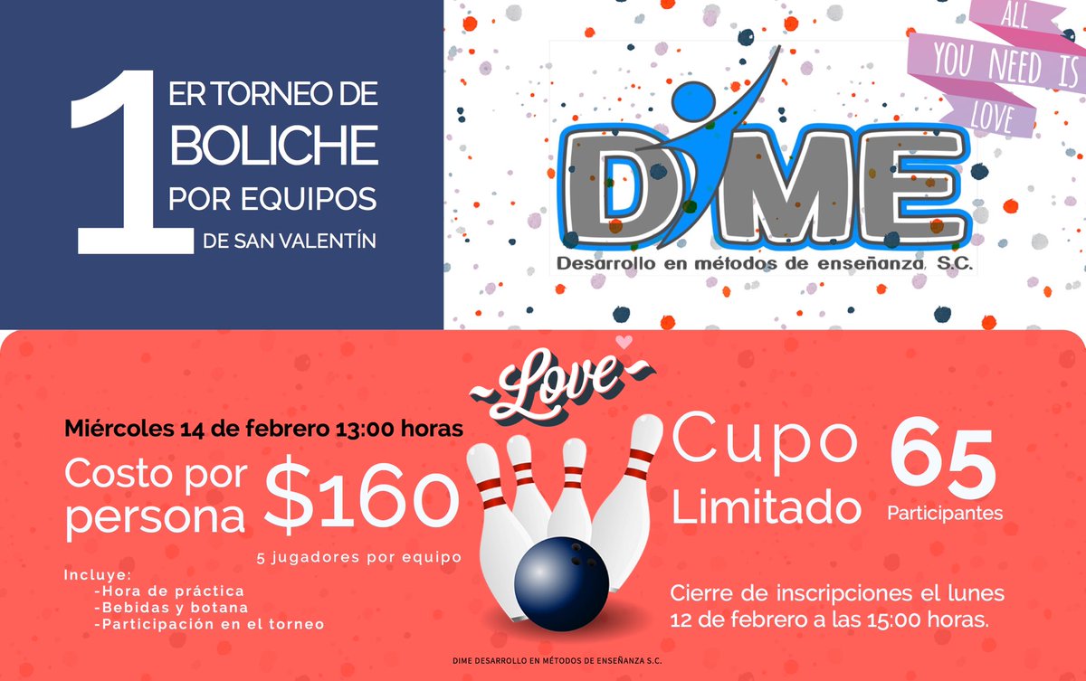 dime_gdl's tweet photo. ยฟYa te inscribiste? ๐ณ
1er torneo por equipos de boliche del amor y la amistad ๐ซ๐
Cupo limitado a 65 participantes, habrรก trofeos a los ganadores ๐ #EstudiaEnDiME
#febrero #sanvalentin #love #friends #DiME #StudyAtDiME #torneo #bowling https://t.co/L1BOvWYBb7