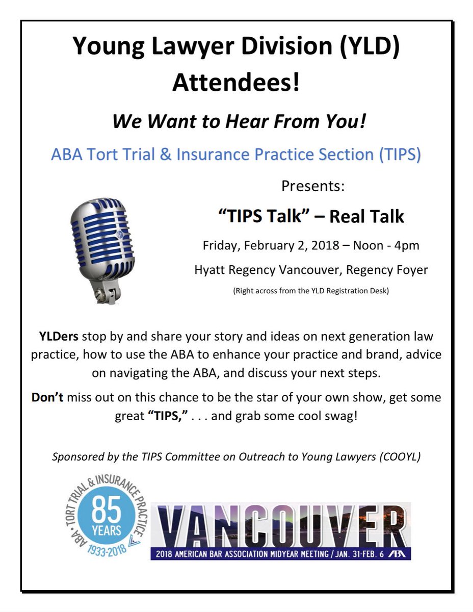 ABATIPSCOOLS's tweet photo. Are you an @ABAYLD member? Join @ABATIPS TODAY @HyattVancouver &amp; be interviewed for TIPS Talk! Best interactions could get your video featured on TIPS social media! @ABAesq #ABAMidyear #Vancouver #younglawyer https://t.co/LcGTjCp5xn