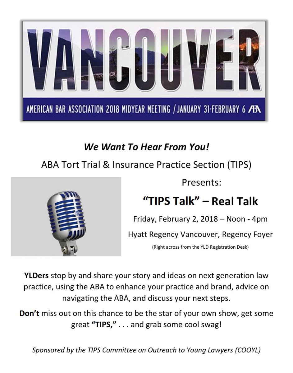 ABATIPSSIRM's tweet photo. Are you an @ABAYLD member? Join @ABATIPS TODAY @HyattVancouver &amp; be interviewed for TIPS Talk! Best interactions could get your video featured on TIPS social media! @ABAesq #ABAMidyear #Vancouver #younglawyer https://t.co/MNkcE944Uf