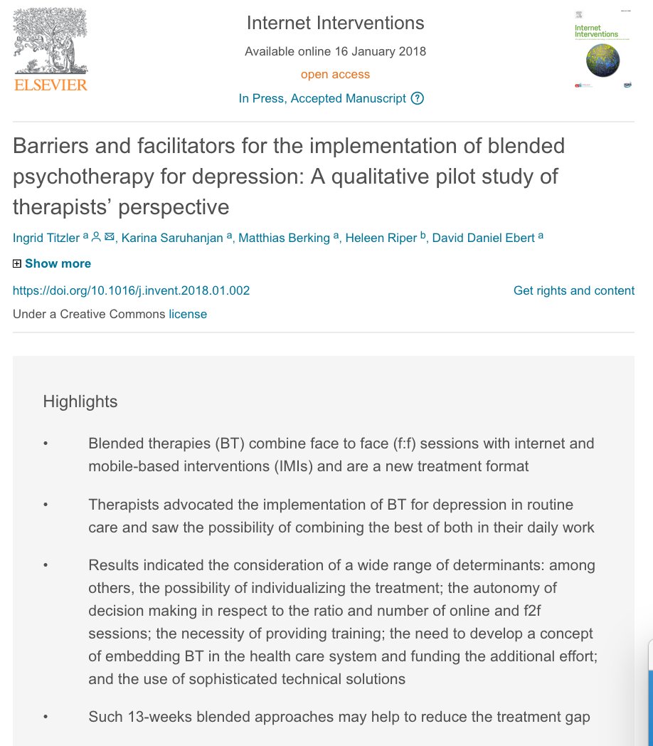 New study on the therapists' view on barriers and facilitators for the implementation of blended psychotherapy for depression in Germany by Titzler et al.: bit.ly/2DVmNFY #blendedtreatment #ecompared #depression #cbt