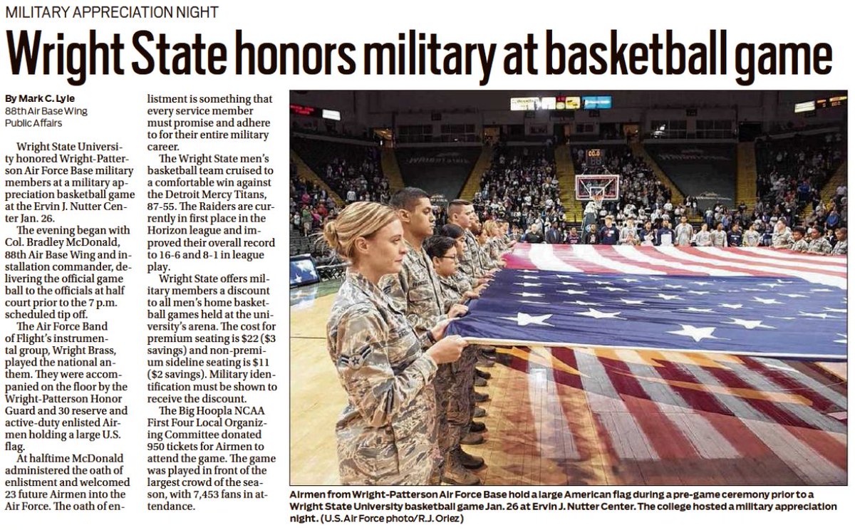 DaytonHoopla's tweet photo. #FirstFourFridays: The @daytonhoopla Ticket Program expanded last Friday by donating tickets to the @WSU_MBB game!
This March, w/ the support of countless organizations & individuals across the Dayton Region, thousands of tickets will be donated to Airmen and their families. https://t.co/3AxO3uCegk