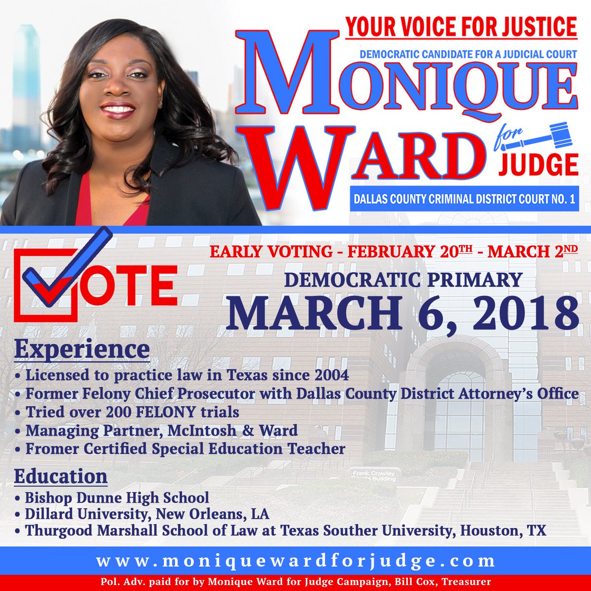 mward4judge's tweet photo. Monique Ward has the experience to be a fair and impartial Judge that the citizens of Dallas County deserve. With over 14 years combined experience as a prosecutor and criminal defense lawyer, Monique will be #YourVoiceForJustice
#MWardforJudge
#Democrat4Judge
#YourVoteYourVoice https://t.co/DYmkP3kl02
