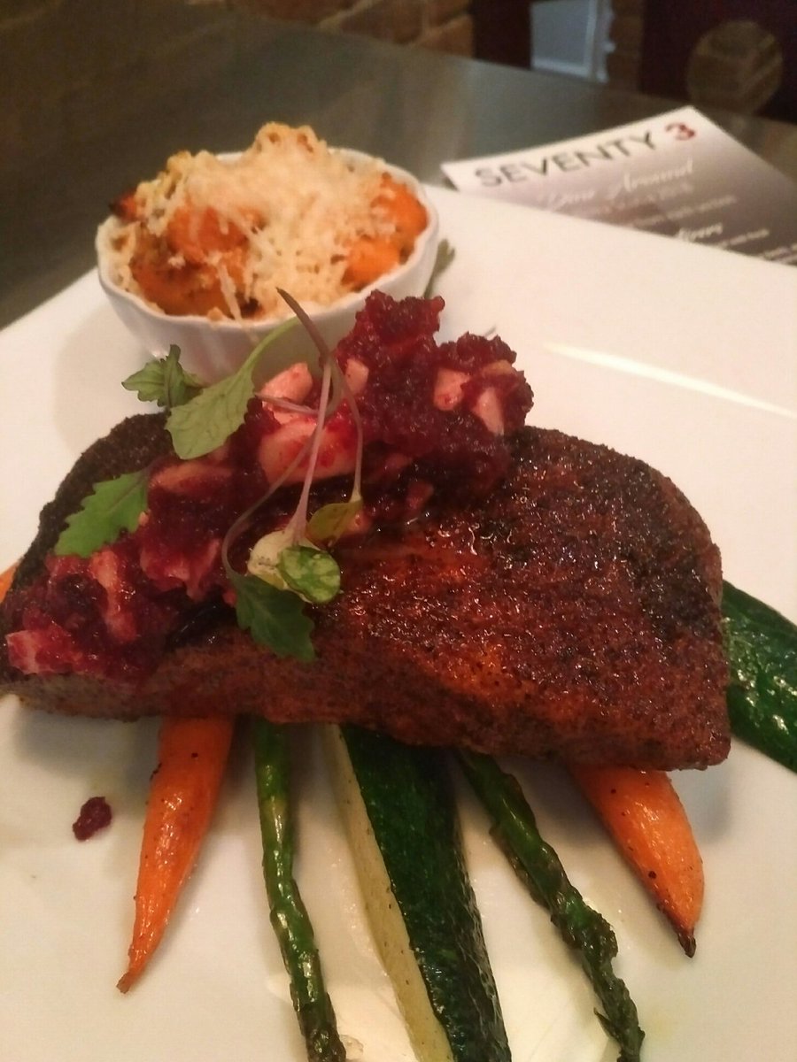 73dartmouth's tweet photo. Fantastic Blackened Salmon with apple cranberry chutney &amp; sweet potato gratin! Join us tonight for #dinearoundnovascotia #DT_Dartmouth #eatlocal #destinationhalifax https://t.co/gCknr0Sof7