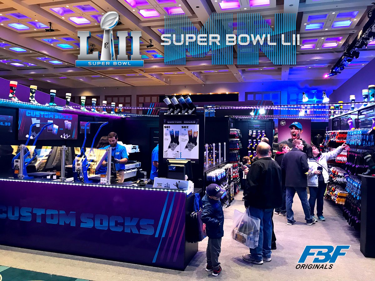 ForBareFeet's tweet photo. Start your #Superbowl weekend off right!! Get your Superbowl gear at our booth in the @NFLExperience !! #fbforiginals #socks #nfl #patriots #eagles #nflsocks #sublimatedsocks #customizedsocks #football @NFL @SuperBowl Bowl @FBFOriginals https://t.co/CnjM7Xldyt
