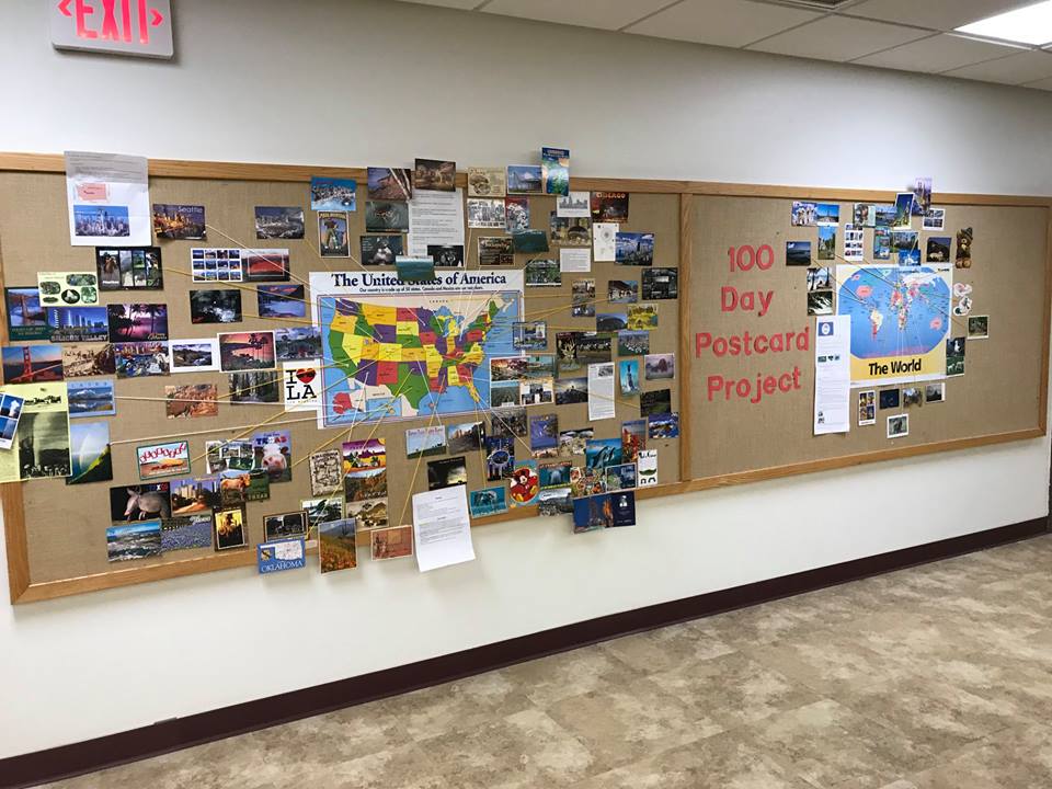First graders set a goal to receive 100 postcards from around the world by the 100th day of school, which is Feb 7. Here is the proof that they exceeded their goal.