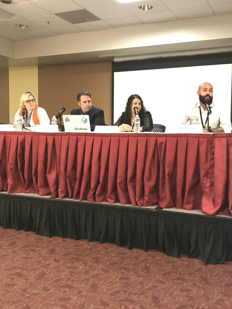 Panel discussing hiring practices for content moderators. <a href="/ubiquity75/">Dr. Sarah T. Roberts ubiquity75@mastodon.social</a> <a href="/alexfeerst/">Alex Feerst</a> <a href="/helloyouths/">Charlotte Willner</a> and <a href="/davidwatkis/">David Watkis</a> #HTLI